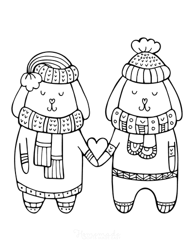Two bunnies in love in winter coloring page